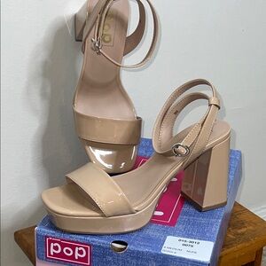 POP Nude Patent Block Heel Sandals with Ankle Strap